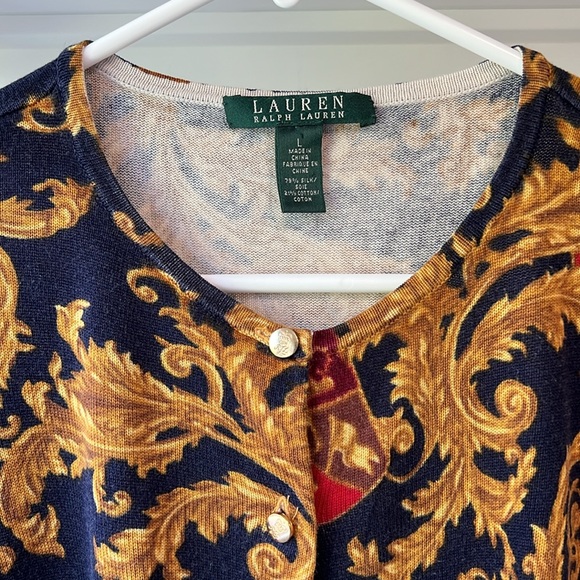 Lauren Ralph Lauren Silk Cotton LRL Crest Pattern Gold Button Cardigan Sweater L - Picture 3 of 7